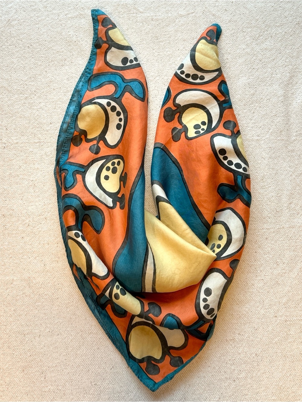 70’s Vintage Retro Floral Square Scarf in Orange, Teal & Yellow